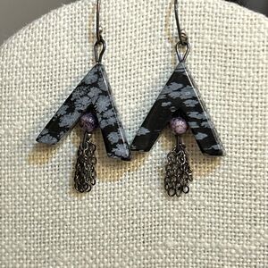 Genuine Snowflake Obsidian earrings with silver tassels